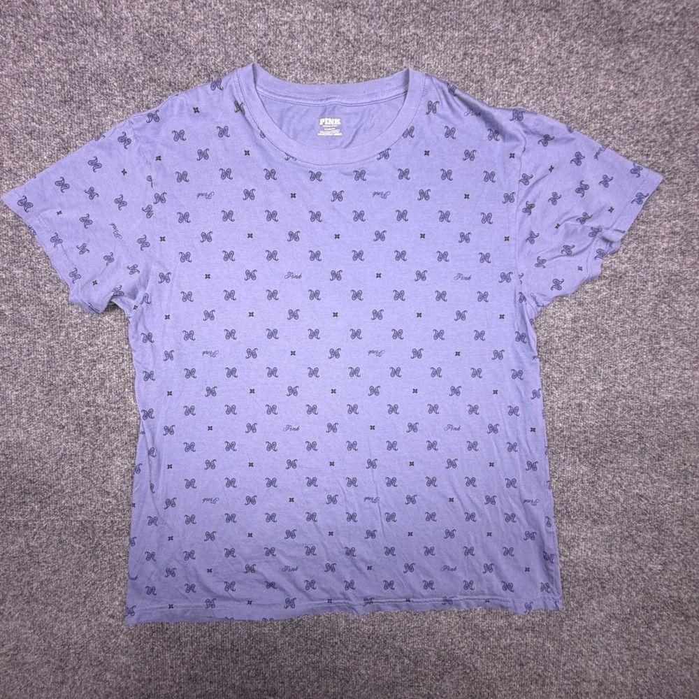 Victoria's Secret PINK T-Shirt Medium Purple Paisley Logo All Over Print Cotton